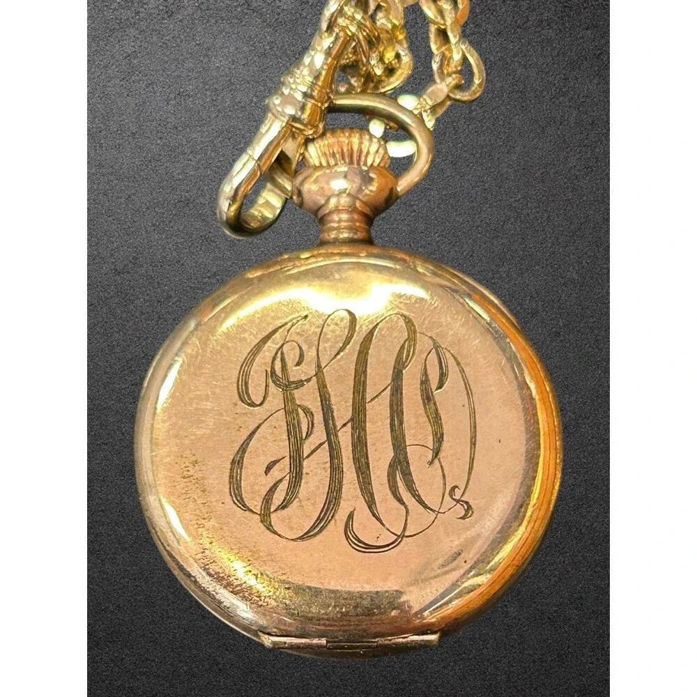 Vintage Admiral Swiss Pocket Watch Gold Tone w/ Chain Monogrammed Back